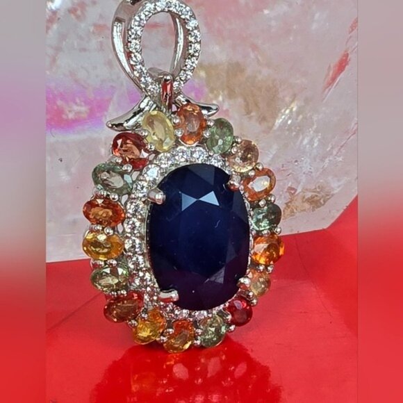 925 Sterling Silver Large Pendant with Blue Sapphire & Multicolor Sapphire Gems - Picture 10 of 12